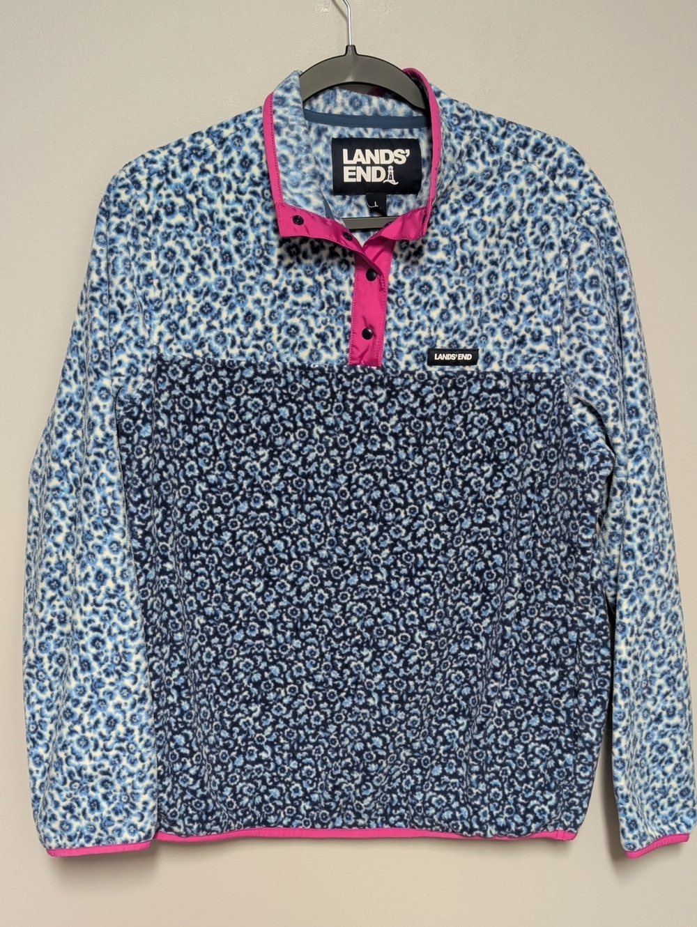 Lands' End Blue Floral Fleece Pullover with Pink Trim